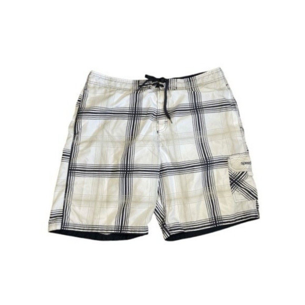 Speedo Quickdry Tartan Plaid Swim Trunks Black White Lined Board Shorts XL